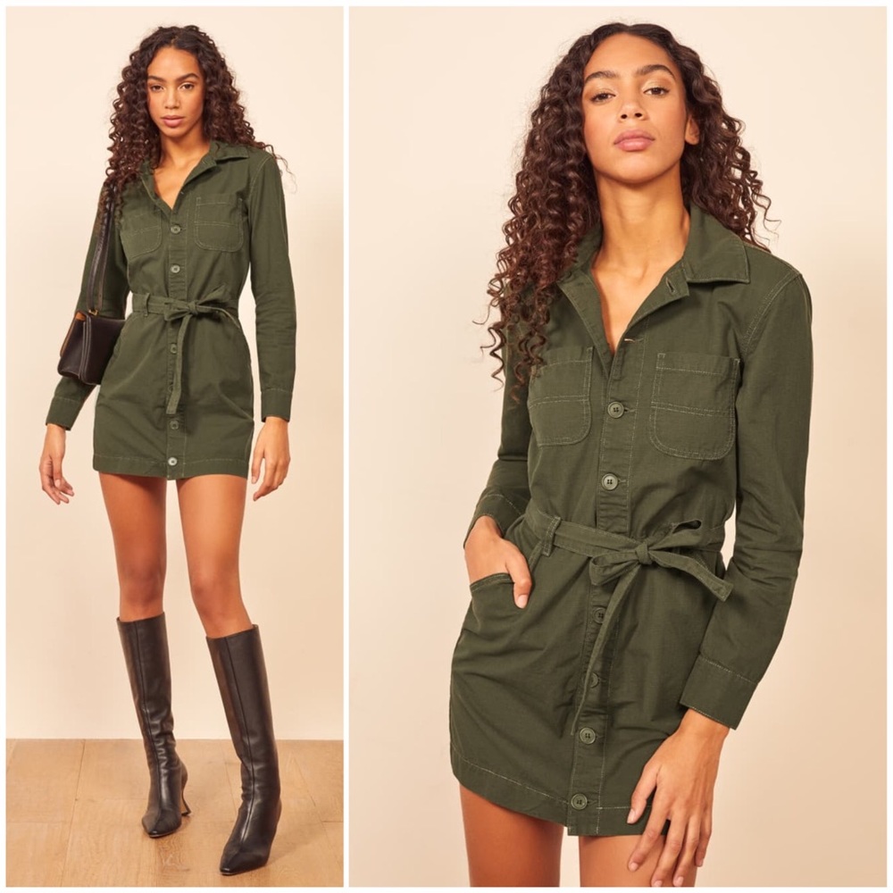 REFORMATION Lydia Utility Shirt Dress Olive Green
